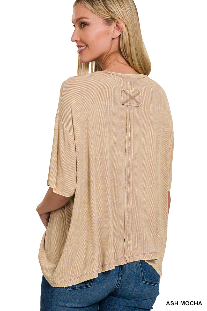Washed Ribbed Cuffed Short Sleeve Round Neck Top (4 Options)