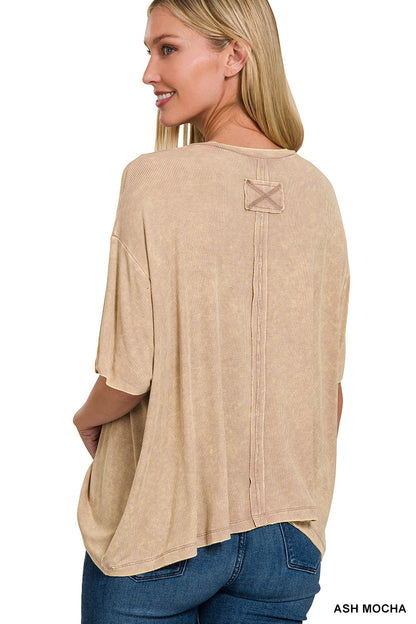 Washed Ribbed Cuffed Short Sleeve Round Neck Top (4 Options)