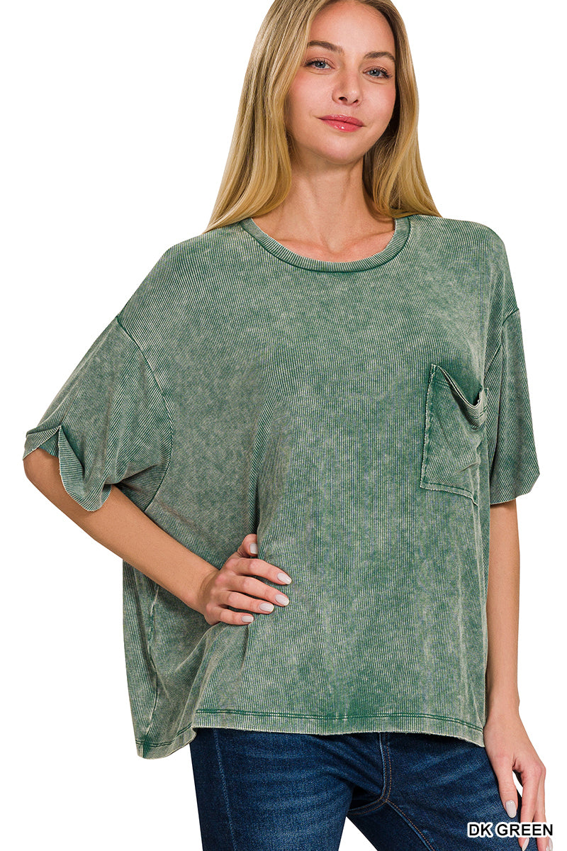 Washed Ribbed Cuffed Short Sleeve Round Neck Top (4 Options)