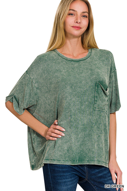 Washed Ribbed Cuffed Short Sleeve Round Neck Top (4 Options)