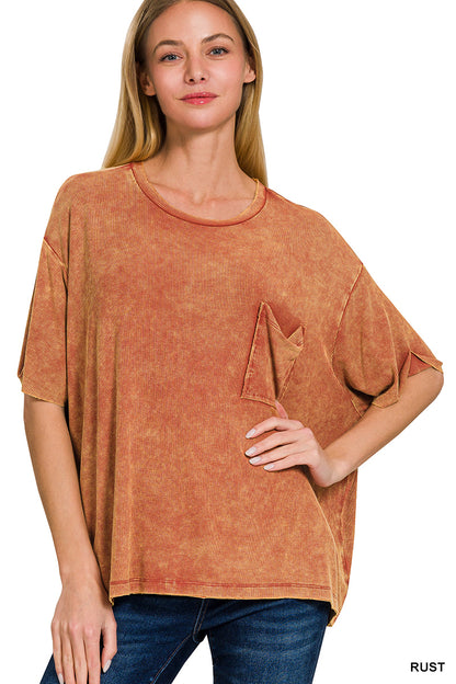 Washed Ribbed Cuffed Short Sleeve Round Neck Top (4 Options)