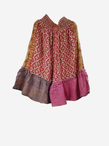 She Lives Beauty Anything for Selenas Bloomers in vintage kantha cotton with a patterned red body and ruffle hem.