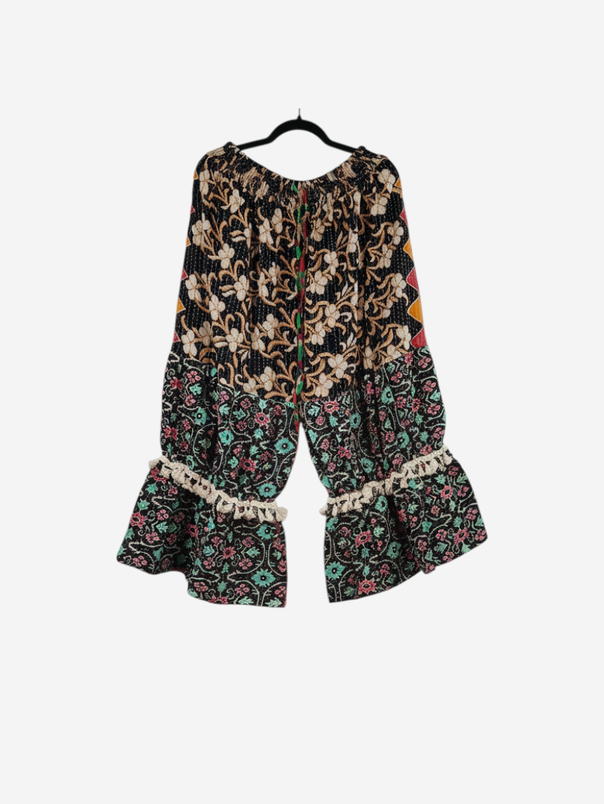 She Lives Beauty Heritage Whisper Kantha bloomers made from vintage cotton saris with floral prints and lace trim.