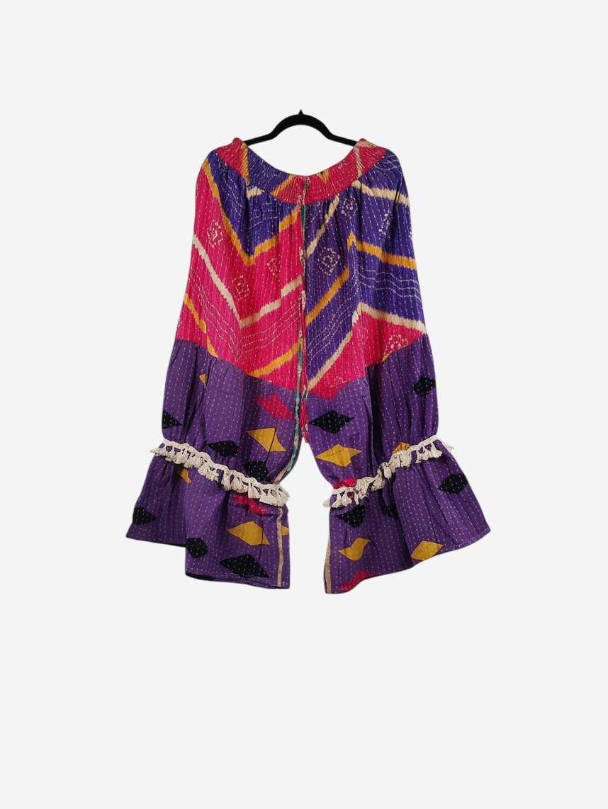 She Lives Beauty Heritage Whisper Kantha bloomers in purple and pink vintage cotton with decorative tassel trim.