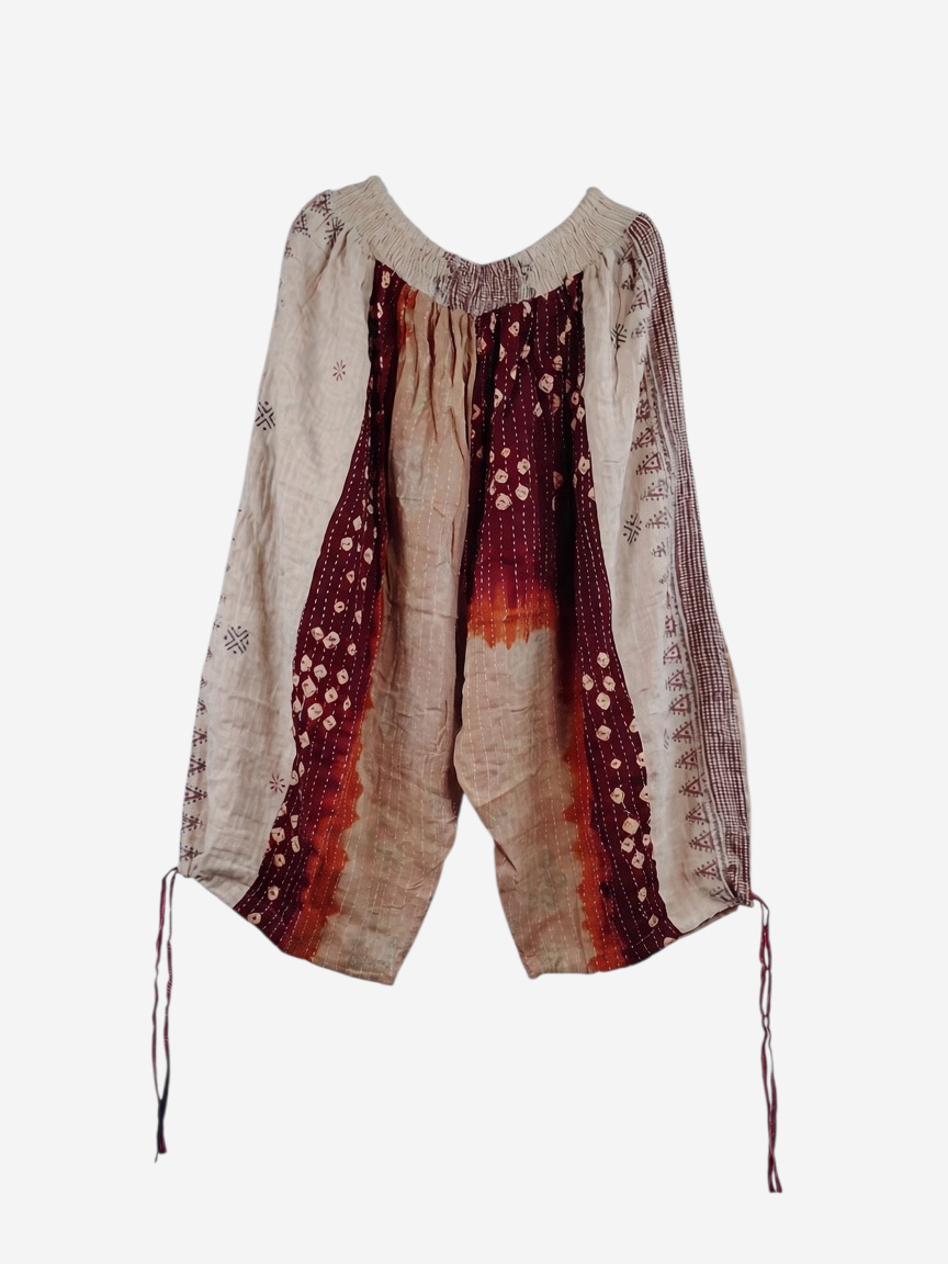She Lives Beauty vintage cotton kantha capri cargo joggers with bohemian patterns and drawstring cuffs.