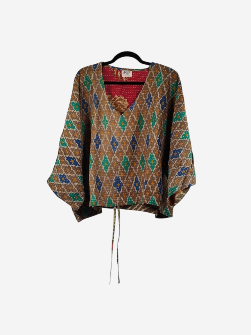 She Lives Beauty Sunrise Hana butterfly top in vintage cotton with brown, blue, and green geometric kantha stitching.
