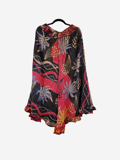 She Lives Beauty Laila capri ruffle pants in black and red vintage kantha cotton with floral patterns.