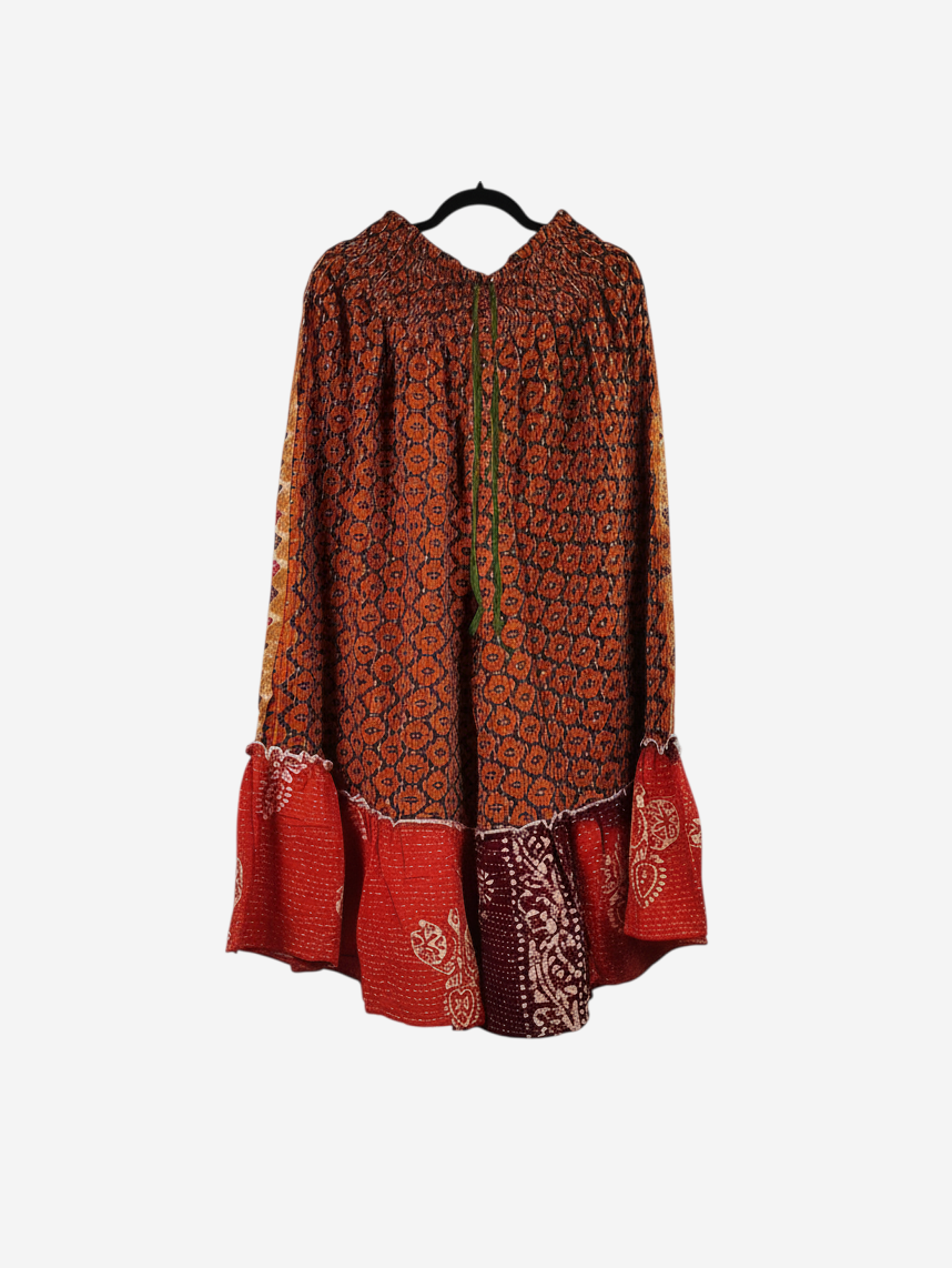 She Lives Beauty Anything for Selenas pants in vintage kantha cotton with a red and orange patterned ruffle hem.