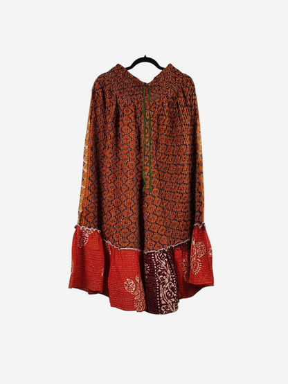 She Lives Beauty Anything for Selenas pants in vintage kantha cotton with a red and orange patterned ruffle hem.