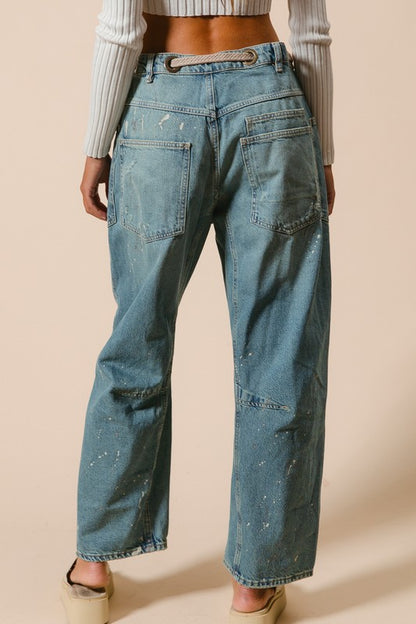 Braided Waist Belt Washed Denim Pants