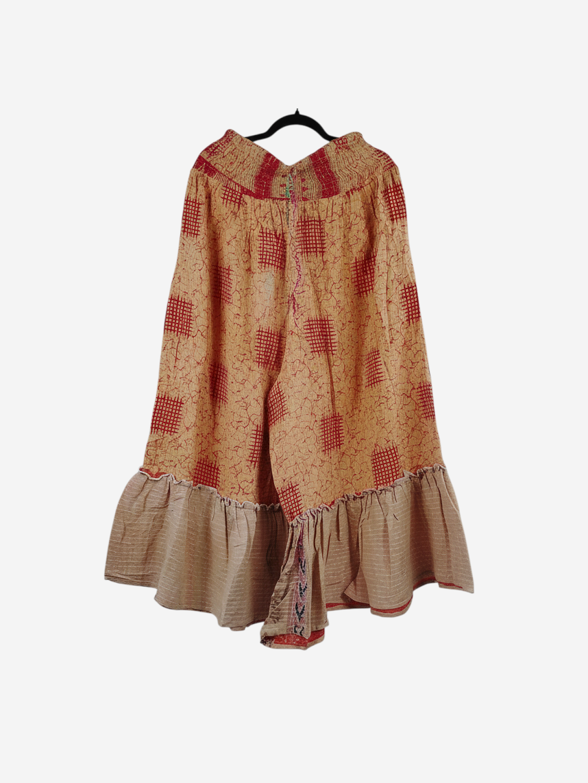She Lives Beauty Anything for Selenas pants in vintage kantha cotton with a red grid pattern and ruffled hem.