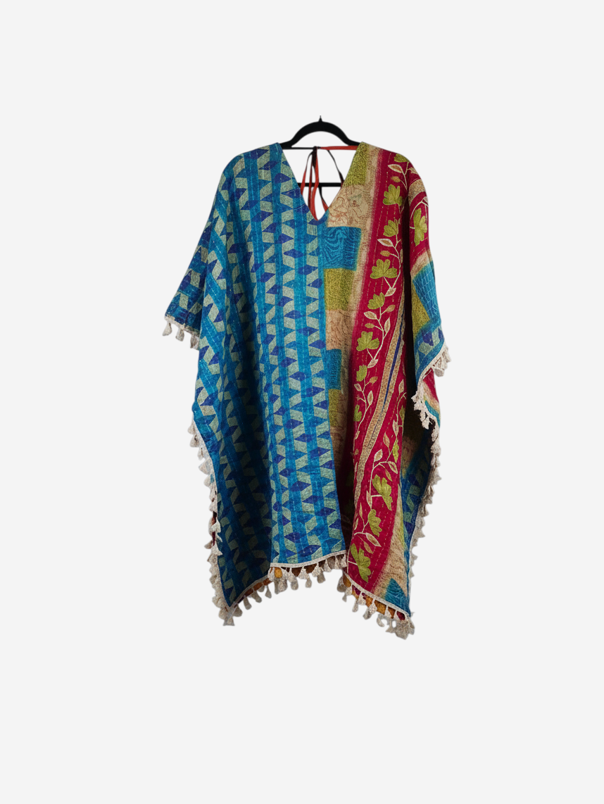 She Lives Beauty reversible long sleeve Kantha kimono in colorful vintage cotton with fringe and geometric floral print.