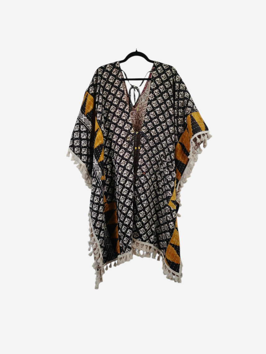 She Lives Beauty reversible long sleeve kimono in black and yellow vintage kantha cotton with fringe trim