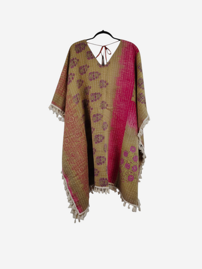 She Lives Beauty reversible long sleeve kimono in olive and pink vintage cotton kantha fabric with fringe trim.
