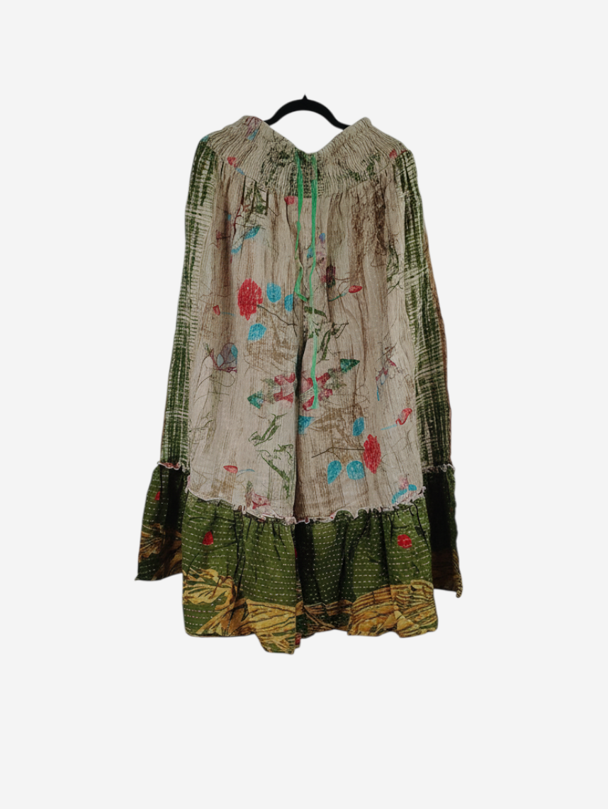 She Lives Beauty Anything for Selenas pants in vintage kantha cotton with floral prints and a ruffled hem.