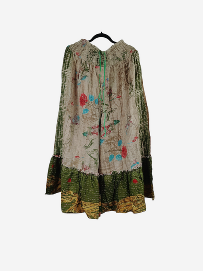 She Lives Beauty Anything for Selenas pants in vintage kantha cotton with floral prints and a ruffled hem.
