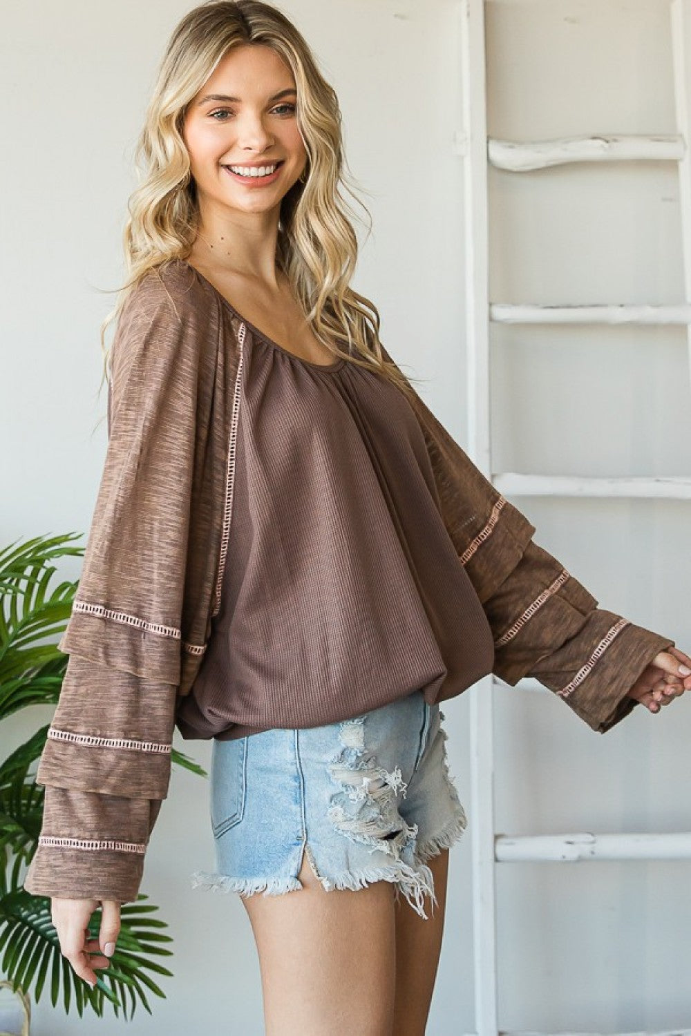 Washed Tucked Sleeve Raglan Knit Top