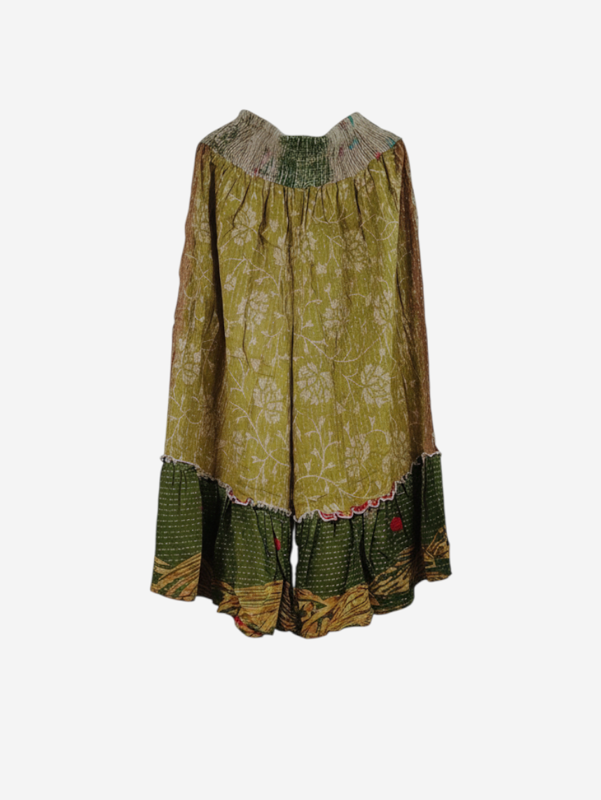 She Lives Beauty Anything for Selenas pants in olive green vintage kantha cotton with a ruffled hem and elastic waist.