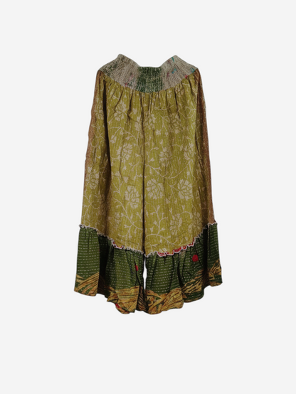 She Lives Beauty Anything for Selenas pants in olive green vintage kantha cotton with a ruffled hem and elastic waist.