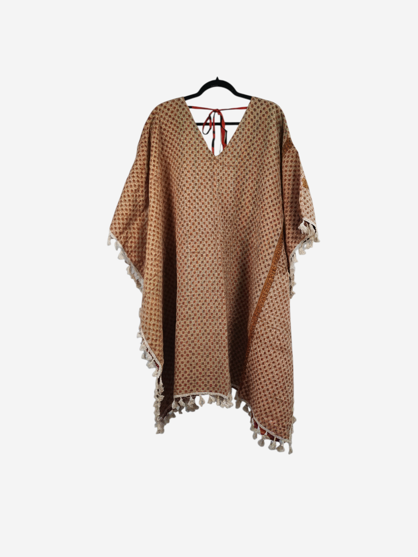 She Lives Beauty reversible long sleeve Willow kimono in brown vintage cotton with fringe and front tie closure