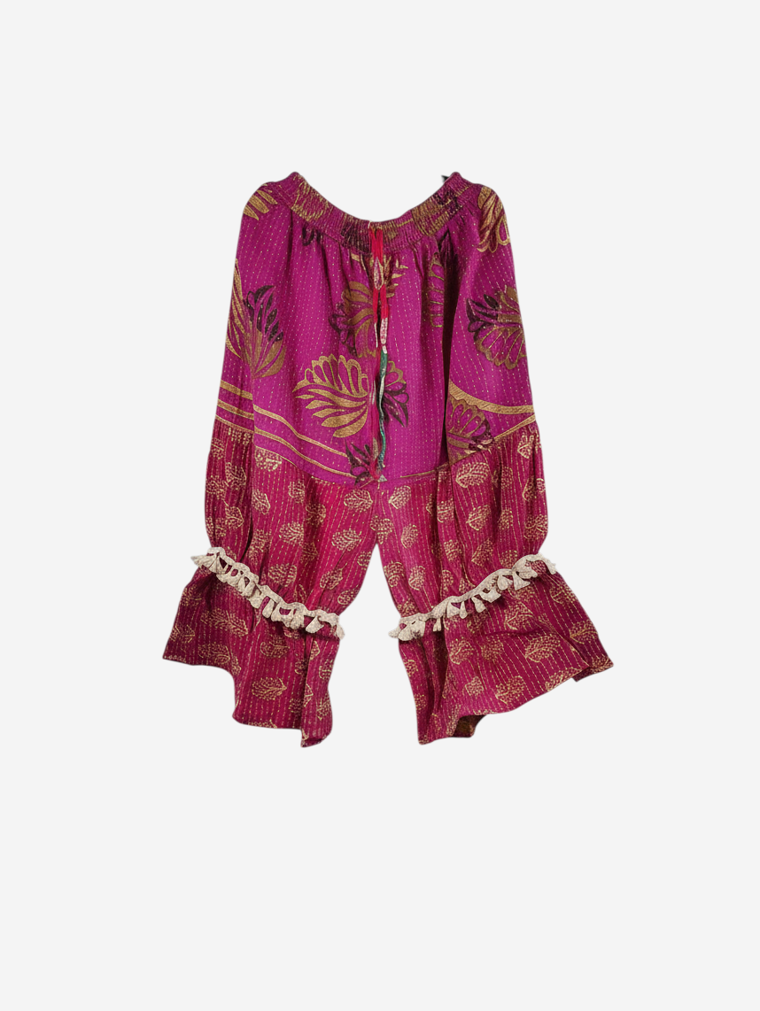 She Lives Beauty Heritage Whisper Kantha bloomers in magenta vintage cotton with gold leaf print and tassel trim.