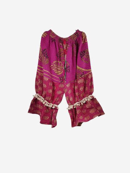 She Lives Beauty Heritage Whisper Kantha bloomers in magenta vintage cotton with gold leaf print and tassel trim.