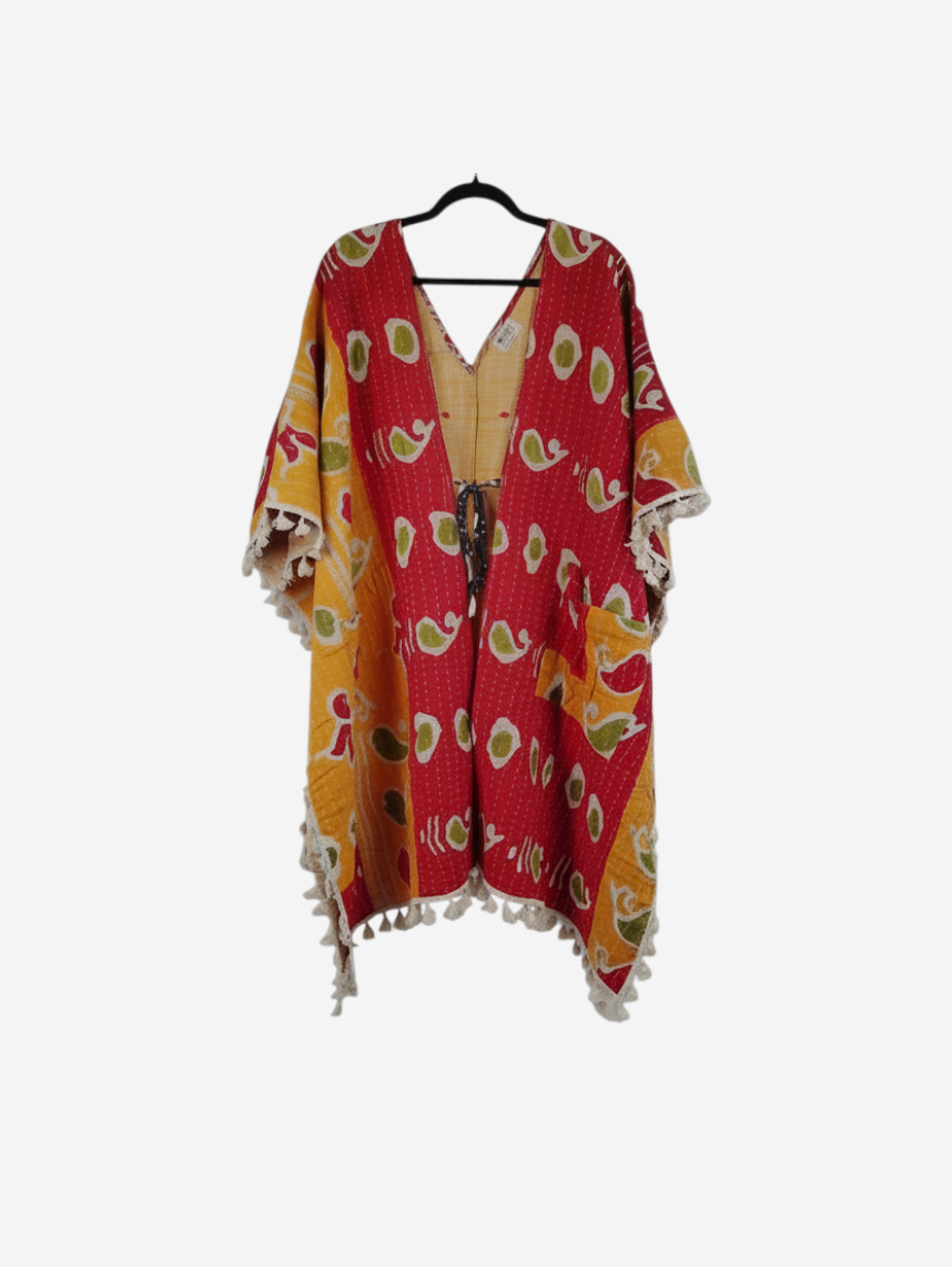 She Lives Beauty reversible long sleeve kimono in red and yellow vintage kantha cotton with fringe trim.