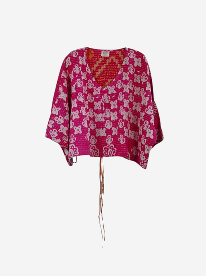 She Lives Beauty Sunrise Hana butterfly top in vibrant pink vintage cotton with white floral kantha stitching