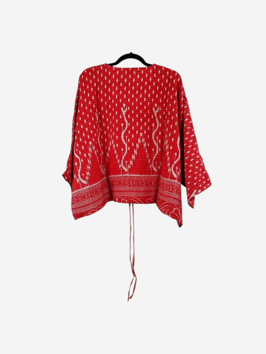 She Lives Beauty red vintage cotton kantha butterfly top with white geometric patterns and relaxed flowing sleeves