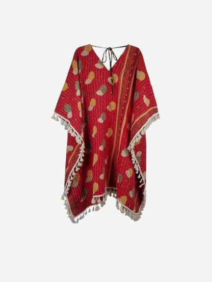 She Lives Beauty reversible red vintage cotton kantha kimono with yellow patterns, long sleeves, and fringe trim.