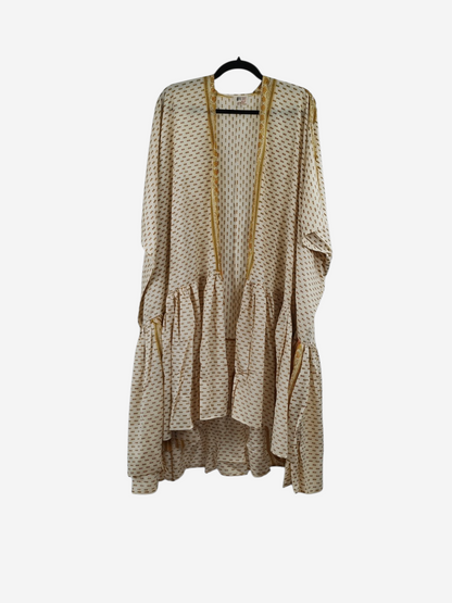 She Lives Beauty Winds of the Ancestors kimono in cream vintage rasgulla silk with gold patterned trim