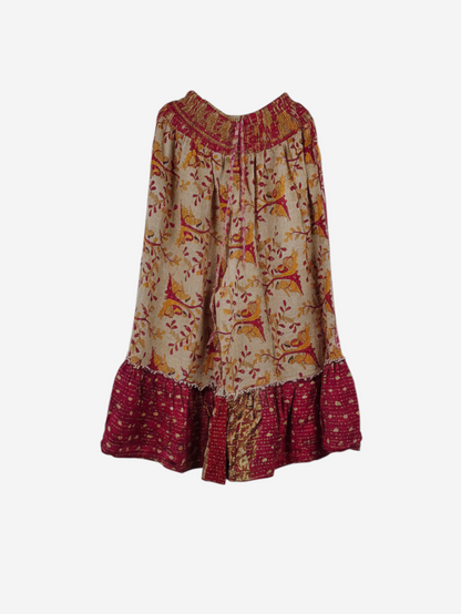 She Lives Beauty Anything for Selenas pants in vintage kantha cotton with a red and beige floral print and ruffle hem.