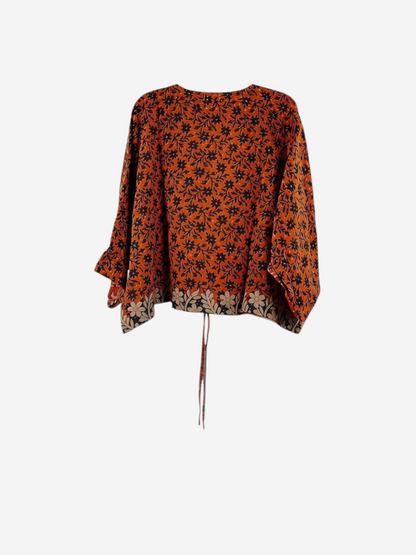 She Lives Beauty Sunrise Hana butterfly top in orange vintage cotton with black floral kantha stitching and tie detail.