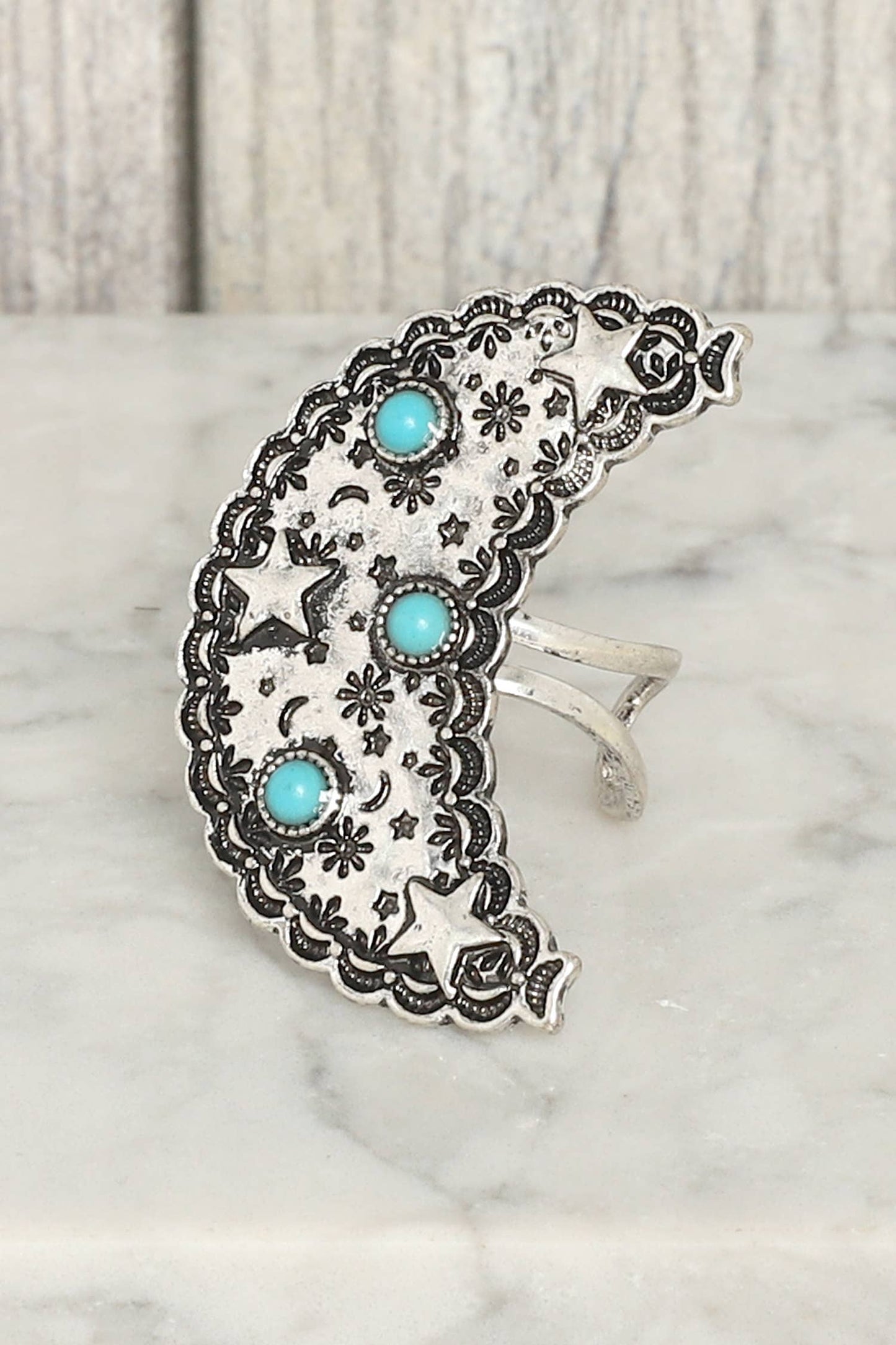 Western Star Patterned Crescent Moon Cuff Ring