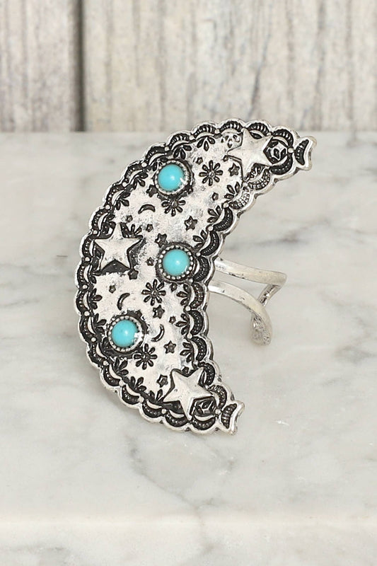 Western Star Patterned Crescent Moon Cuff Ring