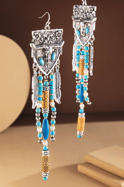Western multi-Stone Steer Head Fringe Earrings