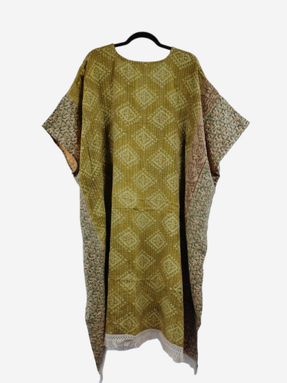 She Lives Beauty reversible olive green kantha kaftan made from vintage cotton with intricate stitching and fringe