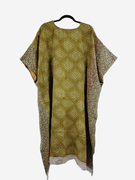 She Lives Beauty reversible olive green kantha kaftan made from vintage cotton with intricate stitching and fringe
