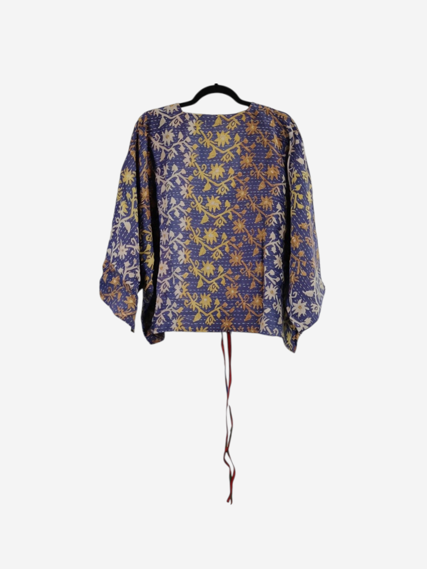 She Lives Beauty Sunrise Hana butterfly top in blue and yellow vintage kantha cotton with floral stitching