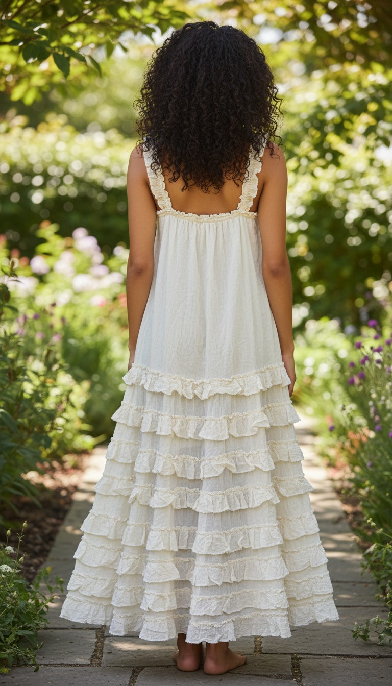 TD2700 Long Dress w. Elastic Ruffle Strap & Ruffled Layers