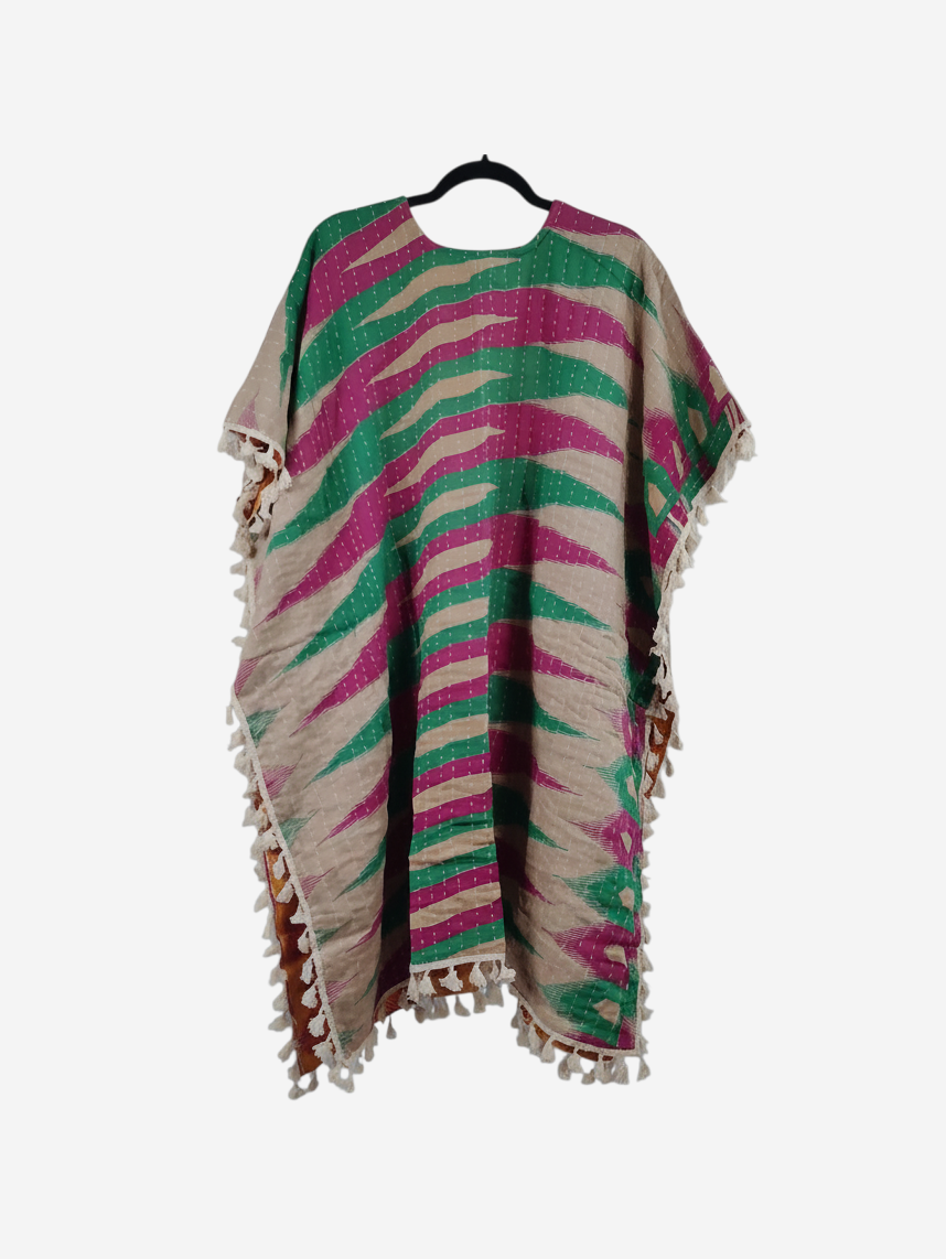 She Lives Beauty short sleeve kimono in vintage kantha cotton with green and pink stripes and artisan fringe trim