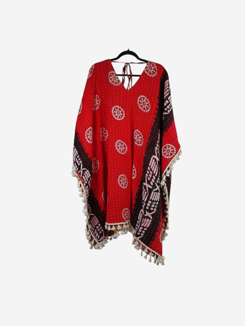 She Lives Beauty reversible red vintage cotton Kantha kimono with white circular patterns, long sleeves, and fringe trim.