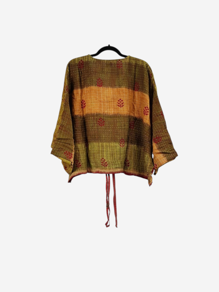 She Lives Beauty Sunrise Hana butterfly top in olive and orange vintage kantha cotton with hand-stitched floral details.