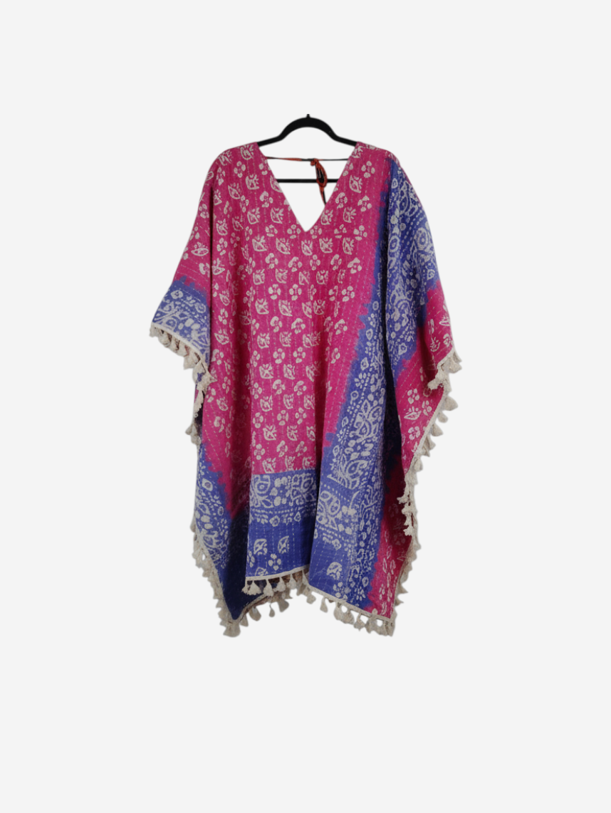 She Lives Beauty reversible pink and blue kantha kimono made from vintage cotton with fringe trim and tie closure.