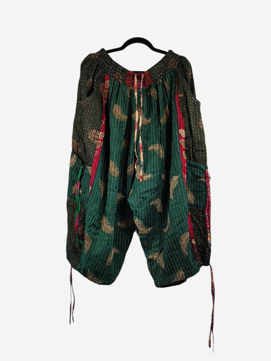 She Lives Beauty vintage cotton kantha cargo capri joggers in green with unique bohemian patterns and utility pockets