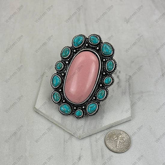 RGY260530-01-LIGHT PINK-BLUE             Silver metal with light pink and blue turquoise stone oval Ring