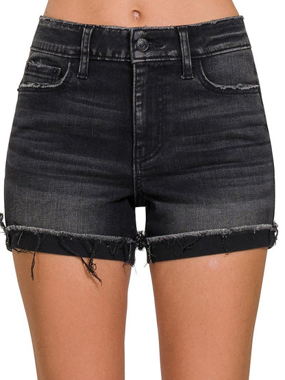 Hanging Out Washed Black Cuffed Raw Hem Denim Shorts