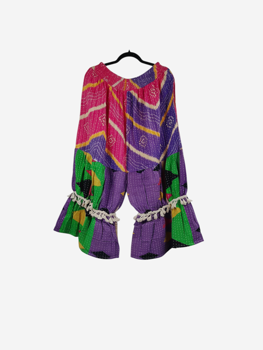 She Lives Beauty Heritage Whisper Kantha bloomers in vibrant patchwork vintage cotton sari fabric with tassel trim.