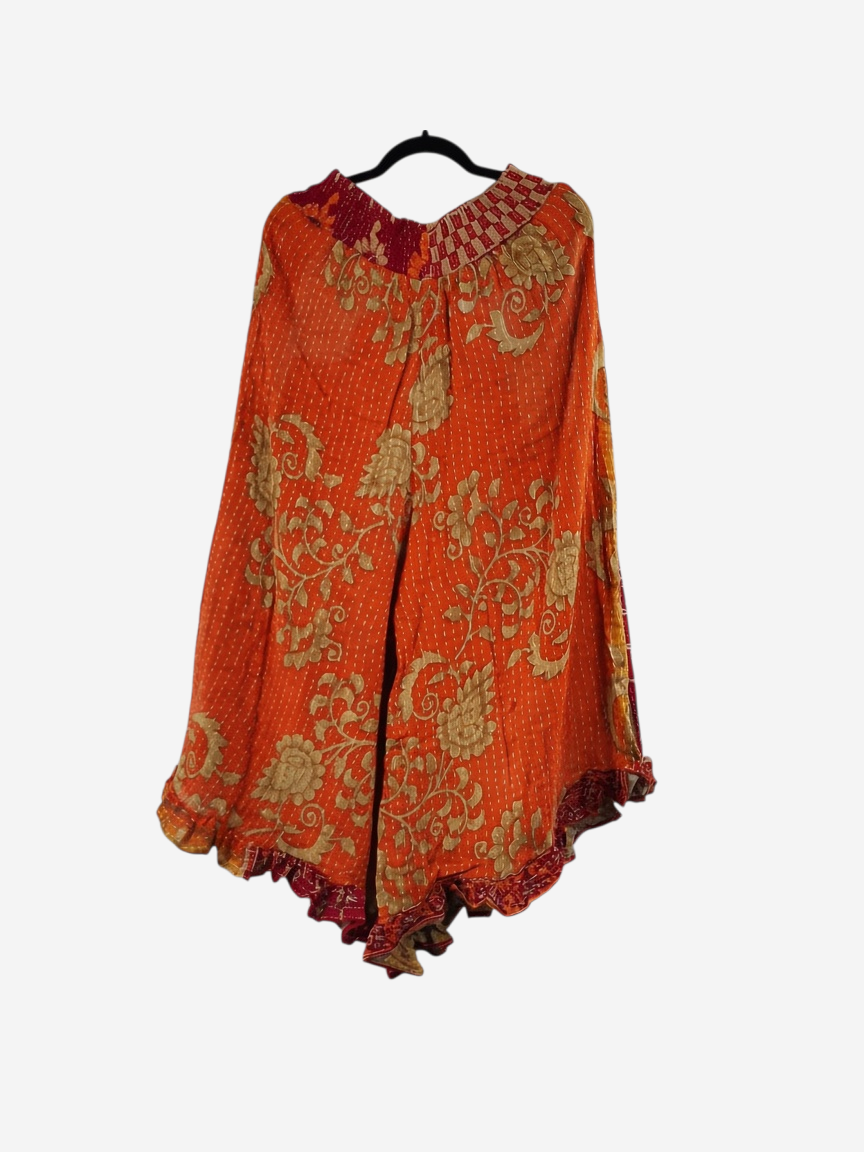 She Lives Beauty Laila capri ruffle pants in orange vintage kantha cotton with floral patterns and bohemian style.