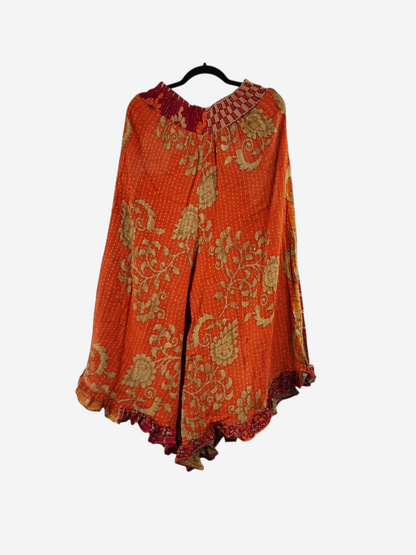She Lives Beauty Laila capri ruffle pants in orange vintage kantha cotton with floral patterns and bohemian style.